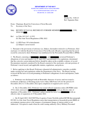 发件人：海军记录更正委员会主席 收件人：海军部长 主题：海军记录 ICO 前成员审查，美国海军，XXX-XX- 参考：(a) 第 10 章 USC§1552(b) 2022 年联合旅行条例 (JTR) 附件：(1) DD 表格 149 及附件 (2) 当事人的海军记录 1. 根据参考 (a) 的规定，当事人（以下简称为请求人）向海军记录更正委员会（委员会）提交了附件 (1)，要求更正他的海军记录，以显示请求人已获得其个人采购移动（PPM）的报销。 2. 委员会由 、 和 组成，于 2023 年 4 月 25 日审查了请愿人的错误和不公正指控，并根据其规定，确定应根据现有的记录证据采取下述纠正措施。委员会考虑的文件材料包括附件、请愿人海军记录的相关部分以及适用的法规、条例和政策。 3. 在向委员会提出申请之前，请愿人已用尽海军部现行法律和法规规定的所有行政补救措施。委员会审查了与请愿人的错误和不公正指控有关的所有记录事实，发现如下：a. 请愿人以光荣服役身份退伍，并在完成所需的现役后获得了 2012 年 12 月 6 日至 2022 年 12 月 11 日期间的现役解除或退伍证书（DD 表格 214）。b. 2022 年 12 月 21 日，请愿人在驻扎期间收到正式的离职令（BUPERS 命令：3552），离职生效日期为 2022 年 12 月。请愿人选择的旅行地点是，离职生效日期为 2022 年 12 月 27 日。c. 2023 年 4 月 20 日，NAVSUP 诺福克舰队后勤中心通知 BCNR，联合旅行条例第 051302 A 段规定，在签发永久调动驻地命令之前，不得以政府费用运输家庭用品 (HHG)。当命令签发机构（海军军事人员